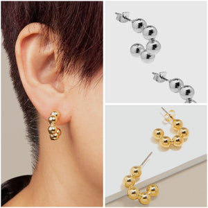 Metal Beaded Huggie Earrings in Silver or Gold