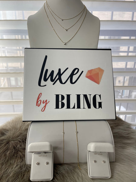 Luxe by BLING Stud Earrings- Bezel Set Lab Grown Diamond on 14K Gold Chain