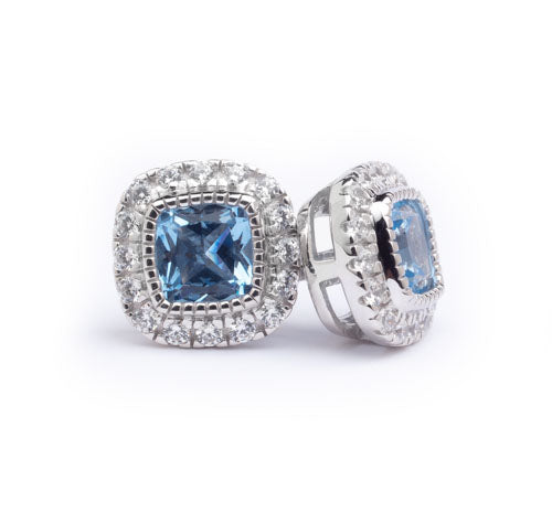 Cushion Cut Platinum Finish March Simulated Birthstone Stud Earrings