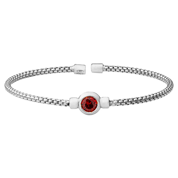 Birthstone Rhodium Finish Sterling Silver Cuff Bracelet with Bezel Simulated Birth Gem