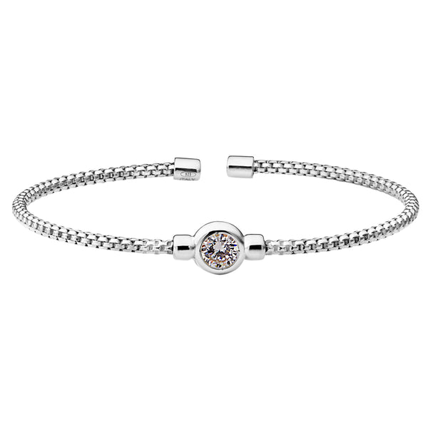 Birthstone Rhodium Finish Sterling Silver Cuff Bracelet with Bezel Simulated Birth Gem