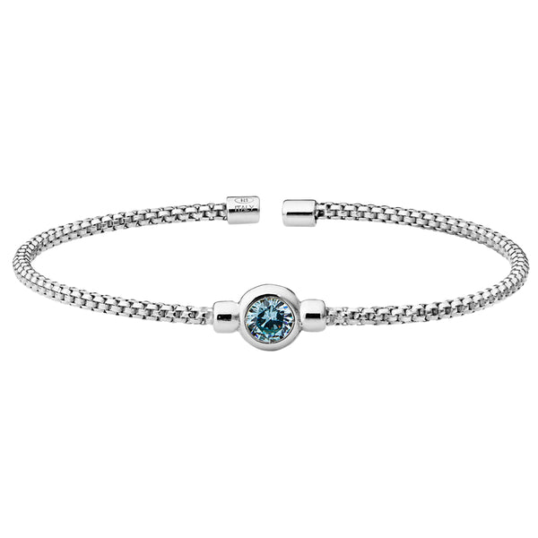 Birthstone Rhodium Finish Sterling Silver Cuff Bracelet with Bezel Simulated Birth Gem