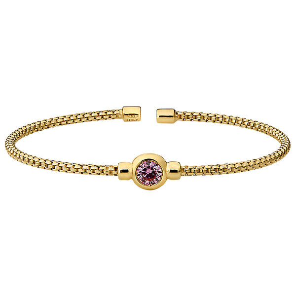Birthstone Gold Finish Sterling Silver Cuff Bracelet with Bezel Simulated Birth Gem