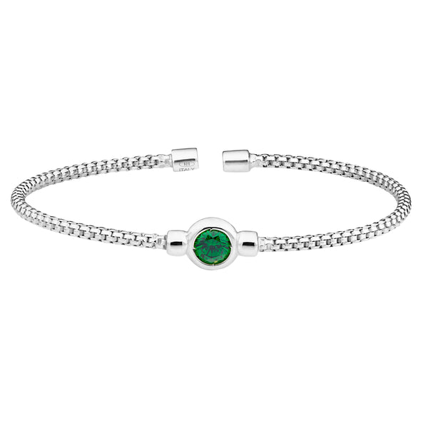 Birthstone Rhodium Finish Sterling Silver Cuff Bracelet with Bezel Simulated Birth Gem