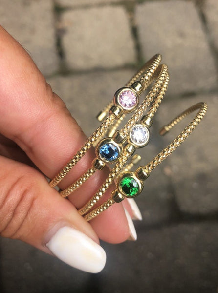 Birthstone Gold Finish Sterling Silver Cuff Bracelet with Bezel Simulated Birth Gem