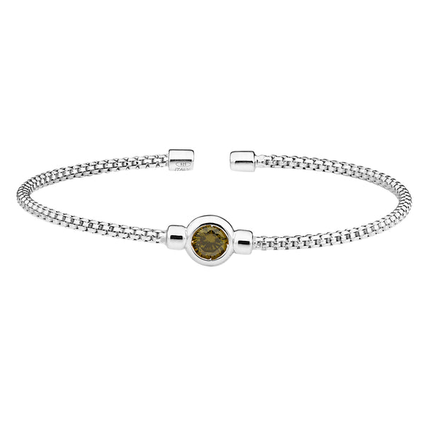 Birthstone Rhodium Finish Sterling Silver Cuff Bracelet with Bezel Simulated Birth Gem