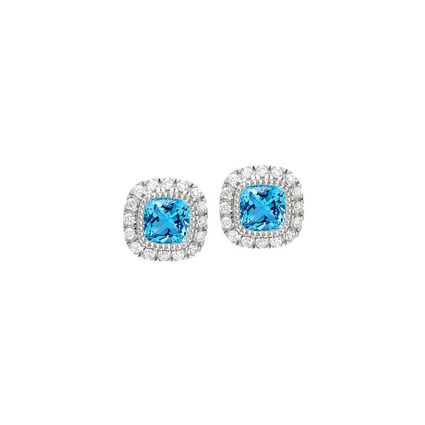 Cushion Cut Platinum Finish March Simulated Birthstone Stud Earrings