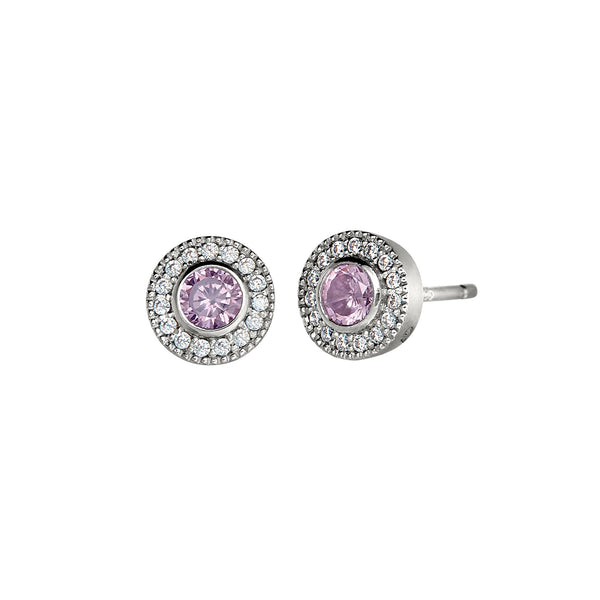 Platinum Finish Sterling Silver Micropave Round Simulated Birthstone Earrings with Simulated Diamonds