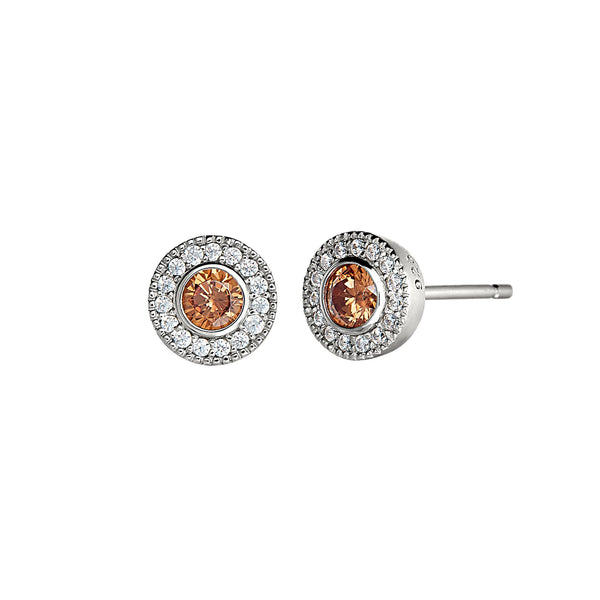 Platinum Finish Sterling Silver Micropave Round Simulated Birthstone Earrings with Simulated Diamonds