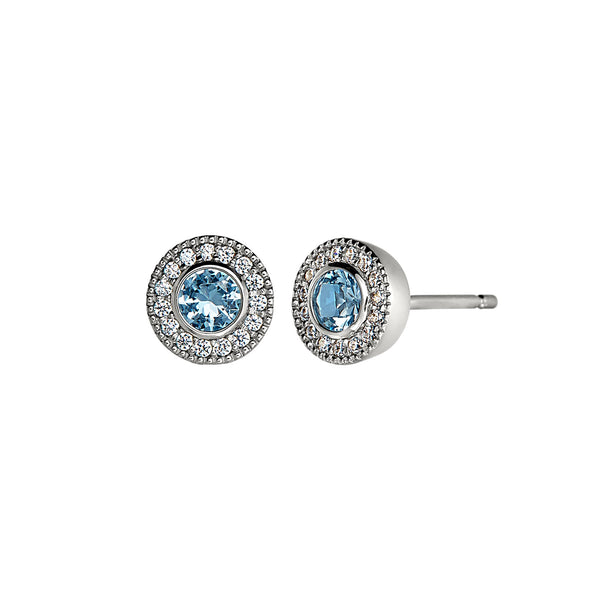 Platinum Finish Sterling Silver Micropave Round Simulated Birthstone Earrings with Simulated Diamonds