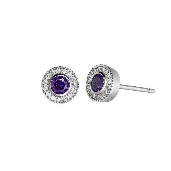 Platinum Finish Sterling Silver Micropave Round Simulated Birthstone Earrings with Simulated Diamonds