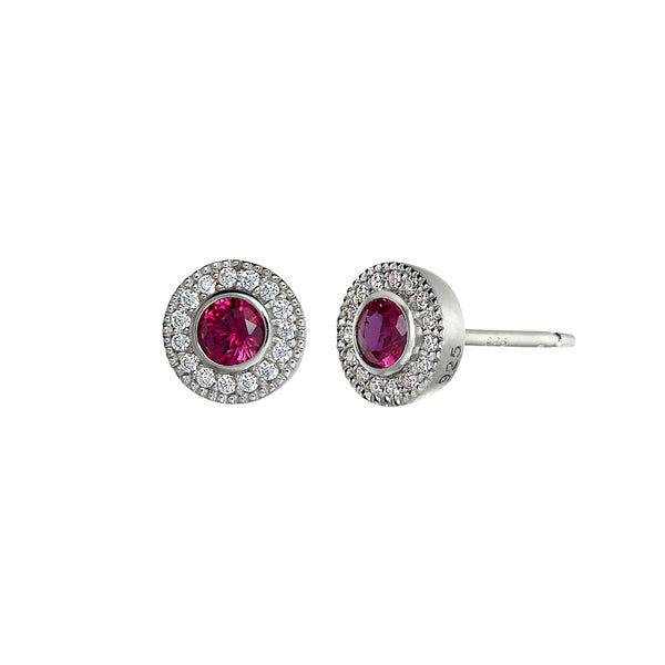 Platinum Finish Sterling Silver Micropave Round Simulated Birthstone Earrings with Simulated Diamonds