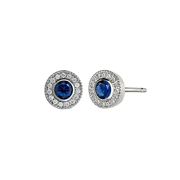 Platinum Finish Sterling Silver Micropave Round Simulated Birthstone Earrings with Simulated Diamonds