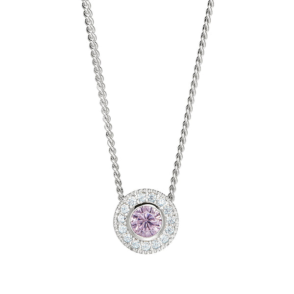 Platinum Finish Sterling Silver Round Simulated Birthstone Pendant with Simulated Diamonds