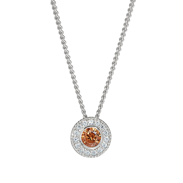 Platinum Finish Sterling Silver Round Simulated Birthstone Pendant with Simulated Diamonds