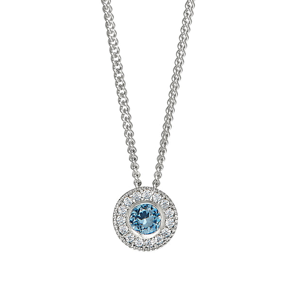 Platinum Finish Sterling Silver Round Simulated Birthstone Pendant with Simulated Diamonds