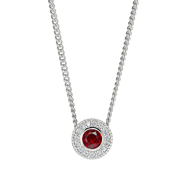 Platinum Finish Sterling Silver Round Simulated Birthstone Pendant with Simulated Diamonds