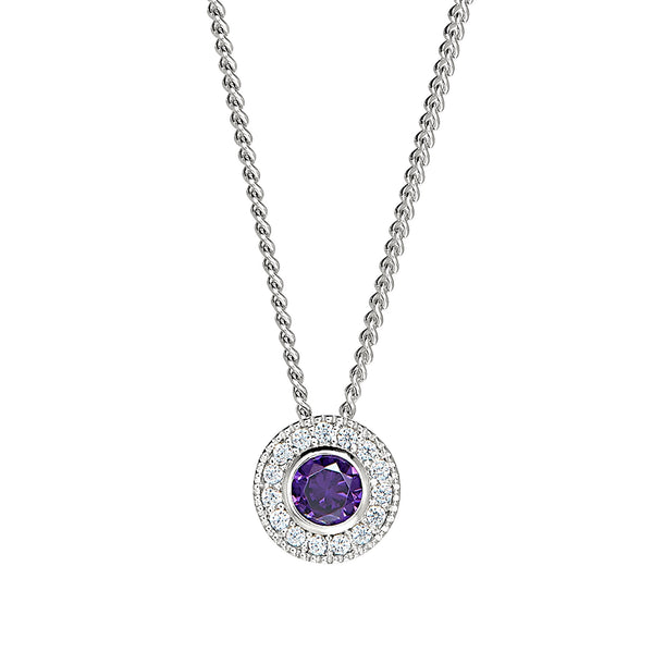 Platinum Finish Sterling Silver Round Simulated Birthstone Pendant with Simulated Diamonds