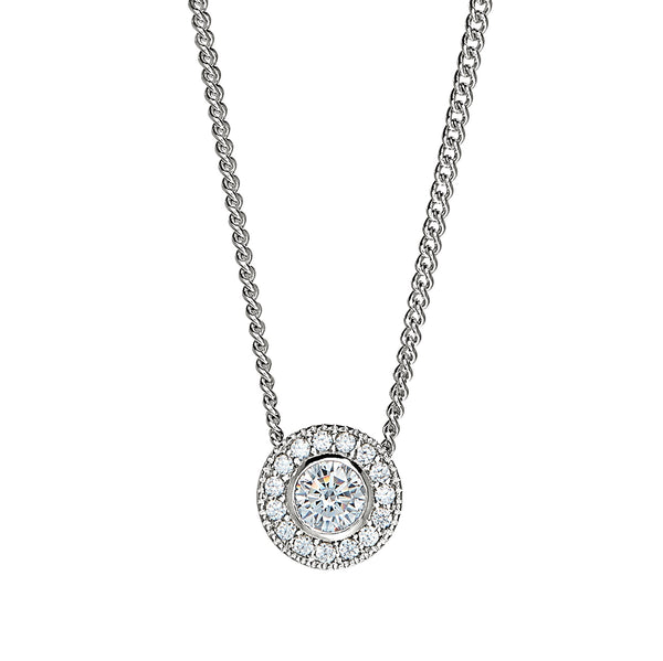 Platinum Finish Sterling Silver Round Simulated Birthstone Pendant with Simulated Diamonds