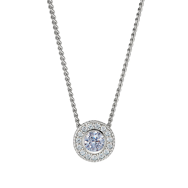 Platinum Finish Sterling Silver Round Simulated Birthstone Pendant with Simulated Diamonds