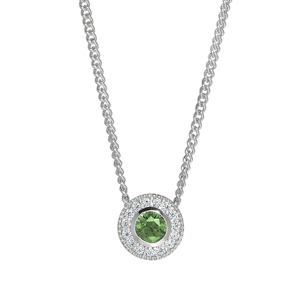 Platinum Finish Sterling Silver Round Simulated Birthstone Pendant with Simulated Diamonds