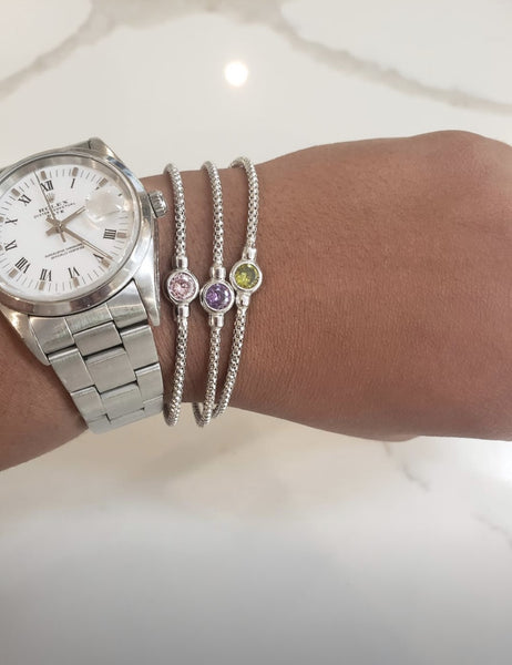 Birthstone Rhodium Finish Sterling Silver Cuff Bracelet with Bezel Simulated Birth Gem