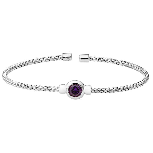 Birthstone Rhodium Finish Sterling Silver Cuff Bracelet with Bezel Simulated Birth Gem