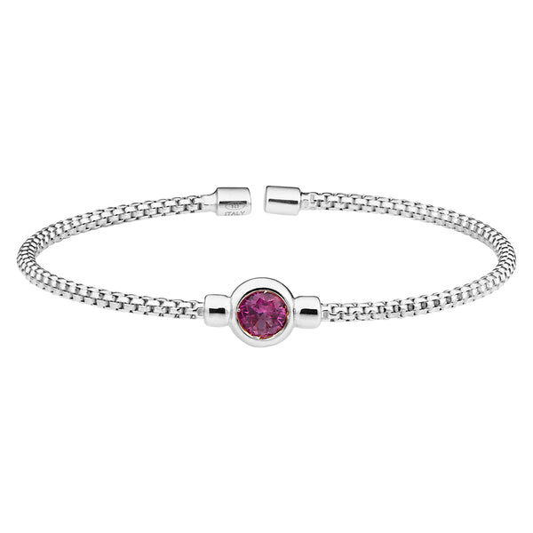 Birthstone Rhodium Finish Sterling Silver Cuff Bracelet with Bezel Simulated Birth Gem