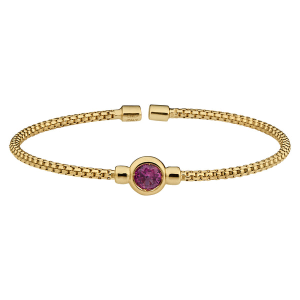 Birthstone Gold Finish Sterling Silver Cuff Bracelet with Bezel Simulated Birth Gem