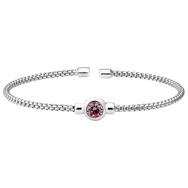 Birthstone Rhodium Finish Sterling Silver Cuff Bracelet with Bezel Simulated Birth Gem