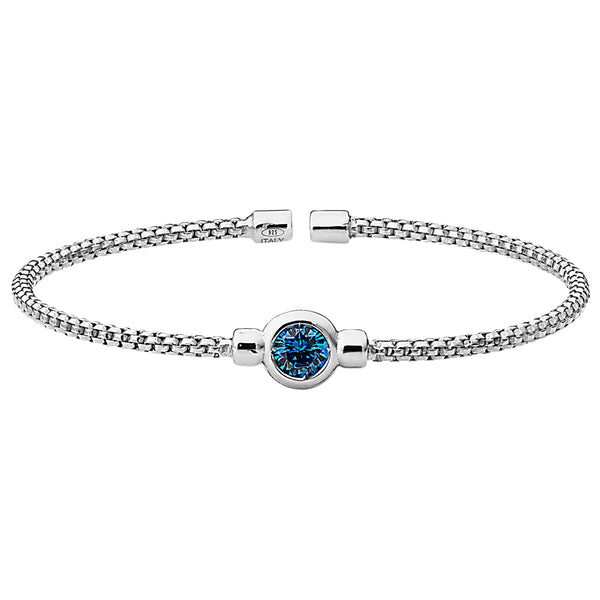 Birthstone Rhodium Finish Sterling Silver Cuff Bracelet with Bezel Simulated Birth Gem