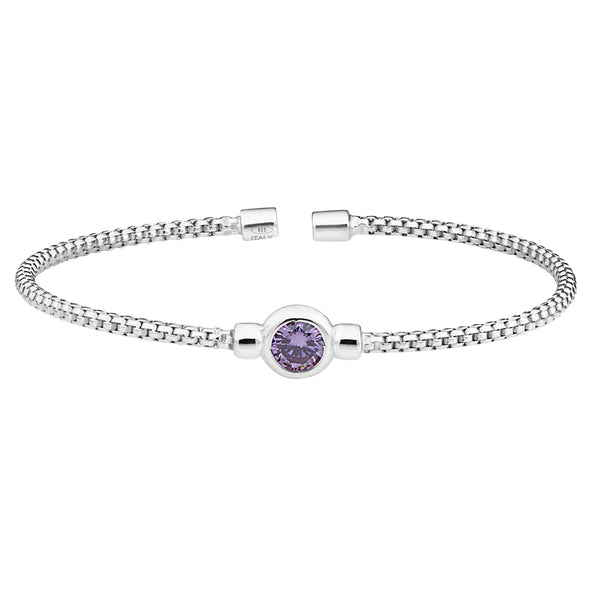 Birthstone Rhodium Finish Sterling Silver Cuff Bracelet with Bezel Simulated Birth Gem