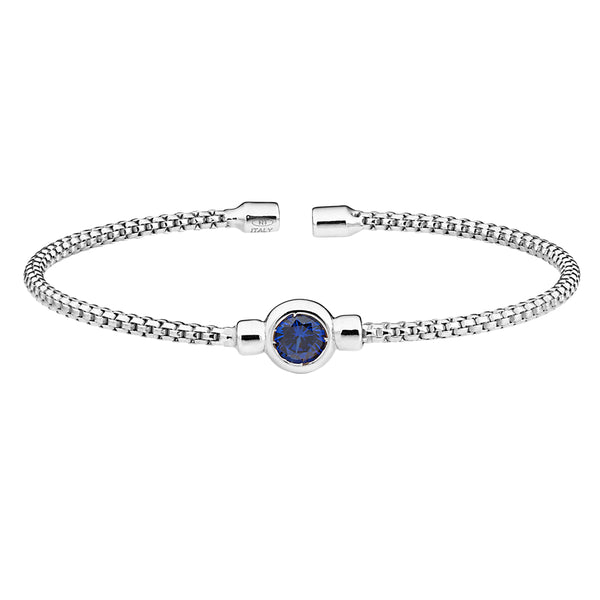 Birthstone Rhodium Finish Sterling Silver Cuff Bracelet with Bezel Simulated Birth Gem