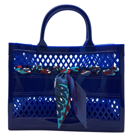 The Soleil Cut Out Jelly Tote with Scarf - Royal Blue