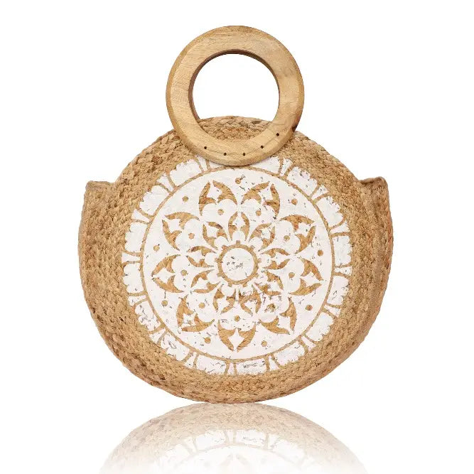 Round Jute Tote Bag with Wooden Handle with Floral Design - Cloud White
