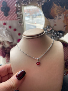 Red Enamel Sterling Silver Heart Charm on 16” Rhodium Sterling Silver Cable Chain