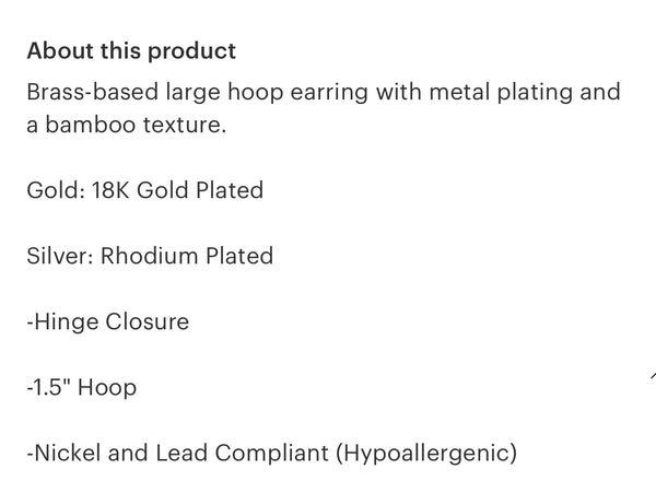 Large Metal Bamboo Hoop Earrings in Silver or Gold