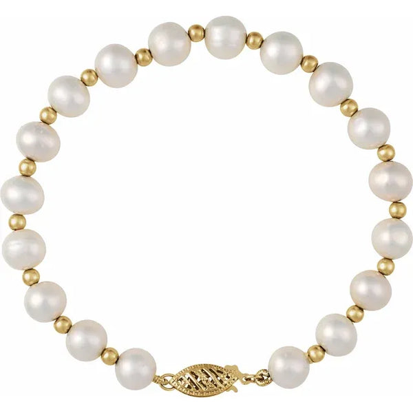 14K Yellow Gold Cultured White Freshwater Pearl 7 1/4" Bracelet