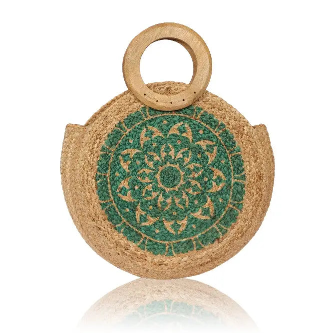 Round Jute Tote Bag with Wooden Handle with Floral Design - Palm Leaf Green