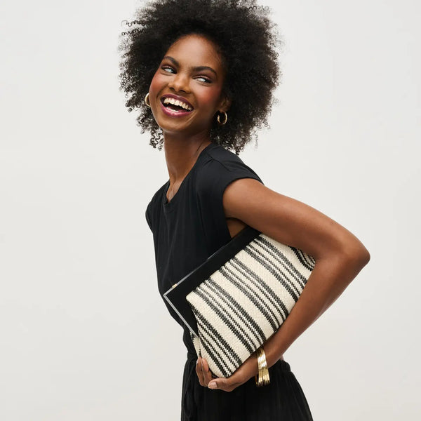 Margot Stripe Straw Clutch- Black and White