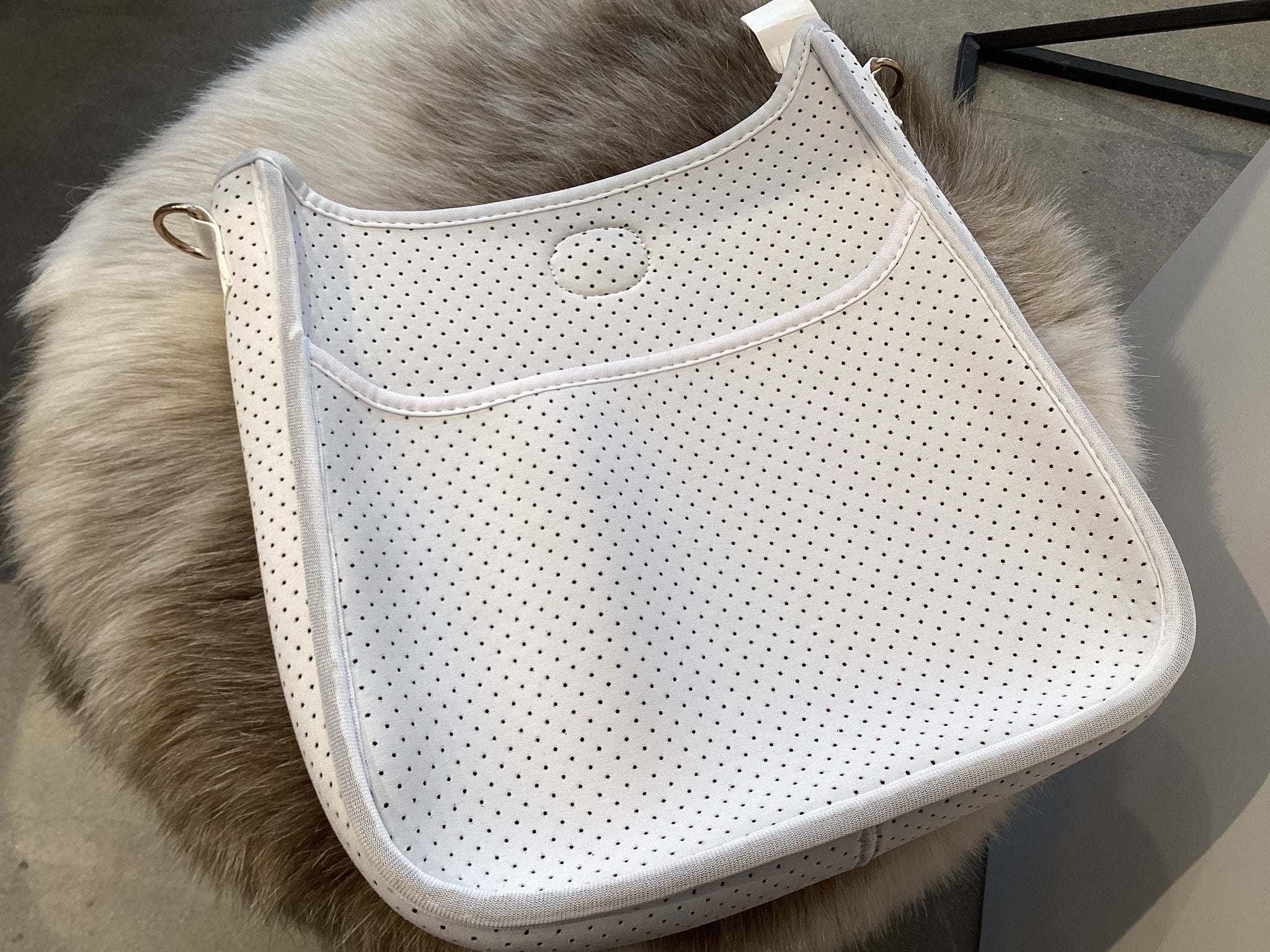 White Ahdorned Perforated Neoprene Crossbody Classic Size Messenger Strap not included