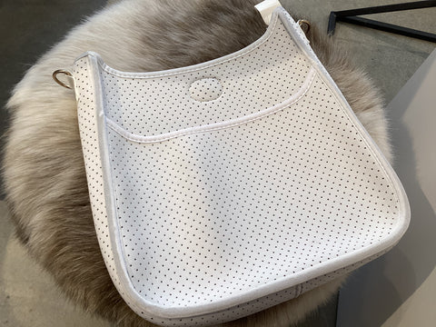 White Ahdorned Perforated Neoprene Crossbody Classic Size Messenger- Strap not included