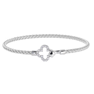 Clover Top Closure Basketweave Bracelet -Rhodium Finished Sterling Silver