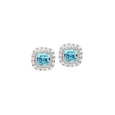 Cushion Cut Platinum Finish March Simulated Birthstone Stud Earrings