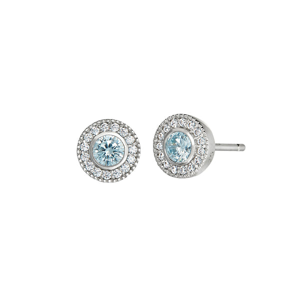 Platinum Finish Sterling Silver Micropave Round Simulated Birthstone Earrings with Simulated Diamonds