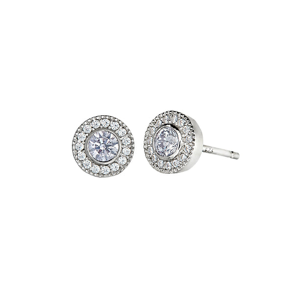Platinum Finish Sterling Silver Micropave Round Simulated Birthstone Earrings with Simulated Diamonds