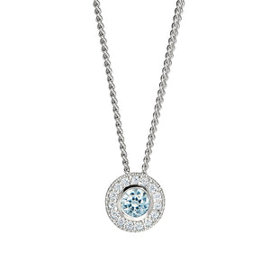 Platinum Finish Sterling Silver Round Simulated Birthstone Pendant with Simulated Diamonds