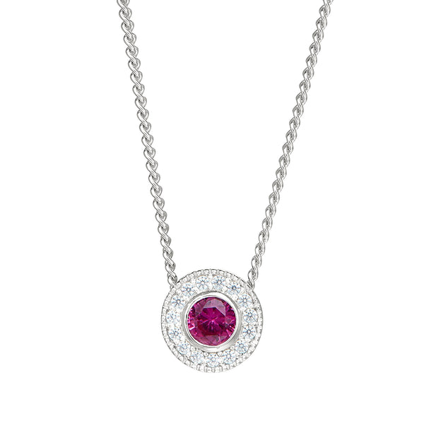 Platinum Finish Sterling Silver Round Simulated Birthstone Pendant with Simulated Diamonds