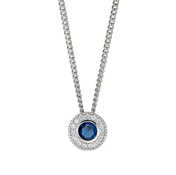 Platinum Finish Sterling Silver Round Simulated Birthstone Pendant with Simulated Diamonds